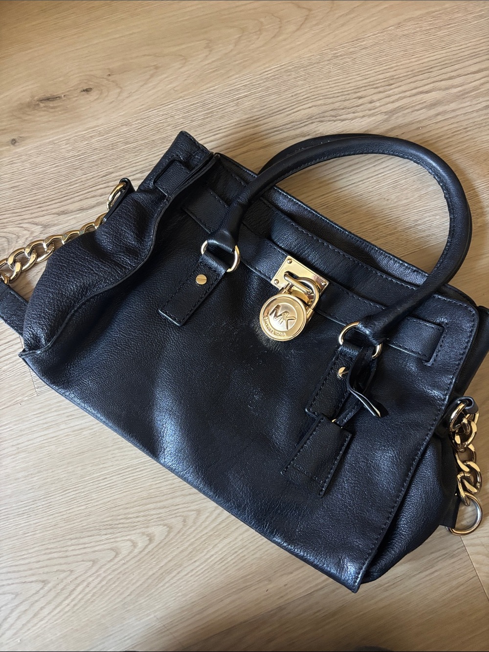 Michael Kors Black Leather Satchel with Gold-Tone Chain Detail